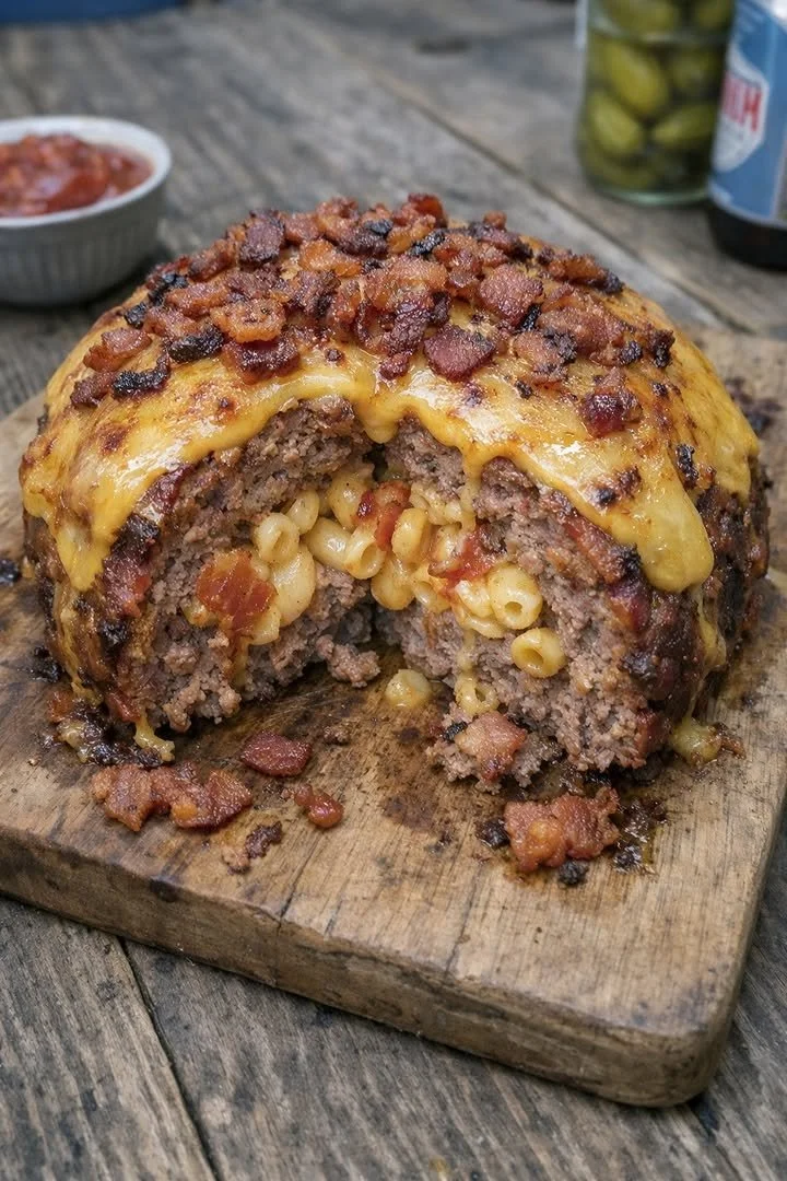 Delicious smoked bacon mac and cheese cheeseburger meatloaf bomb on a plate
