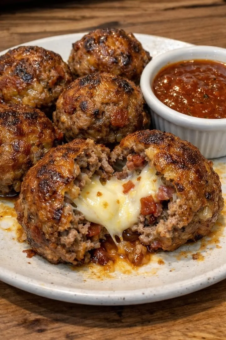 Smoked bacon mozzarella cheeseburger stuffed meatballs on a plate