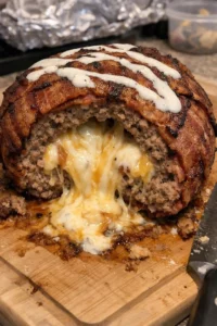 Smoked bacon ranch triple-cheese cheeseburger meatloaf recipe with delicious toppings.