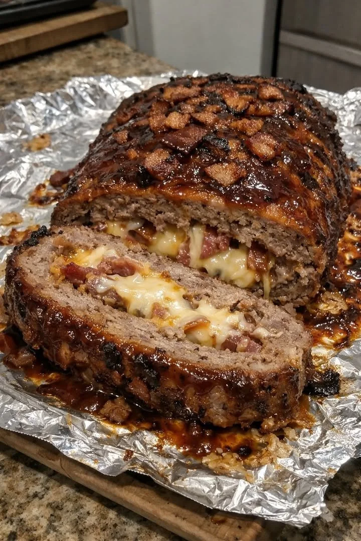 Smoked Bacon Ranch Triple-Cheeseburger Stuffed Meatloaf displayed on a rustic wooden platter.