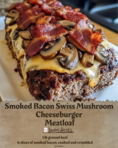 Smoked Bacon Swiss Mushroom Cheeseburger Meatloaf ready to serve