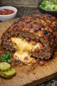 Smoked bacon triple-cheese burger meatloaf with layers of cheese and crispy bacon