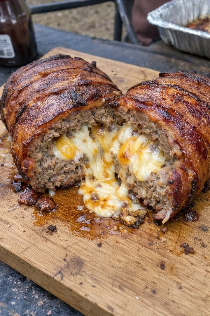 Smoked Bacon Triple-Cheese Burger Stuffed Meatloaf on a plate