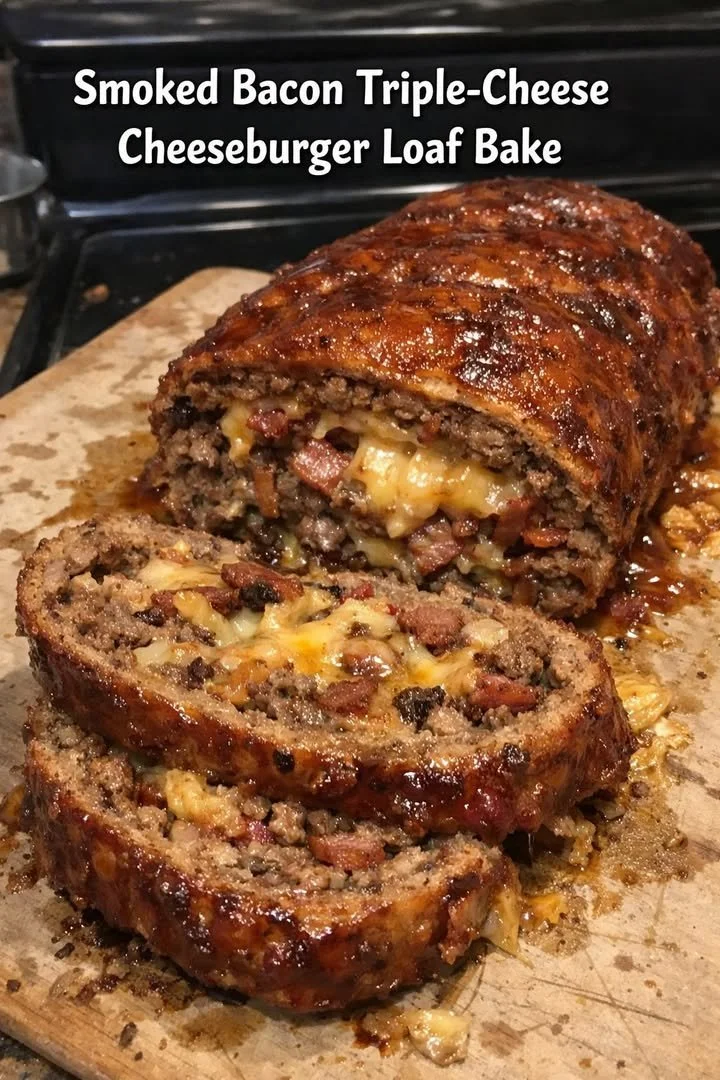 Smoked Bacon Triple-Cheese Cheeseburger Loaf Bake served on a plate