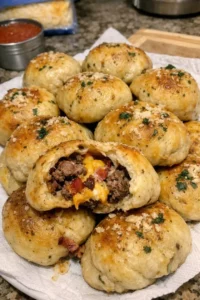 Smoked Bacon Triple-Cheese Cheeseburger stuffed in garlic knots