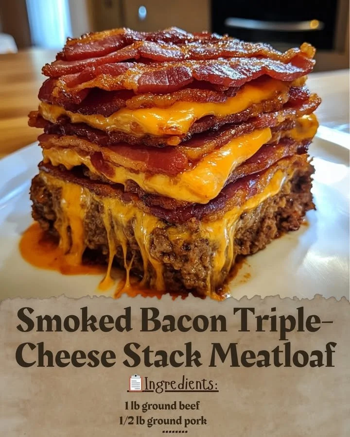 Smoked Bacon Triple-Cheese Stack Meatloaf on a plate garnished with herbs
