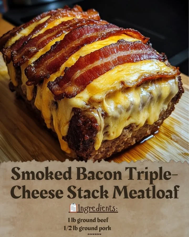 Smoked Bacon Triple-Cheese Stack Meatloaf topped with melted cheese and bacon.