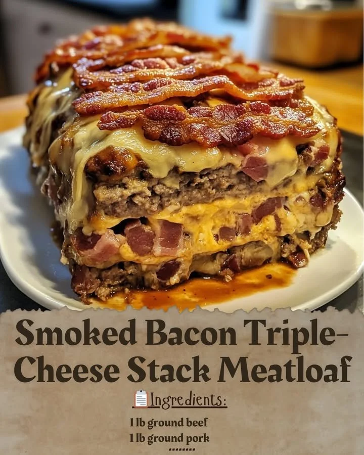 Smoked Bacon Triple-Cheese Stack Meatloaf topped with crispy bacon and melted cheese.