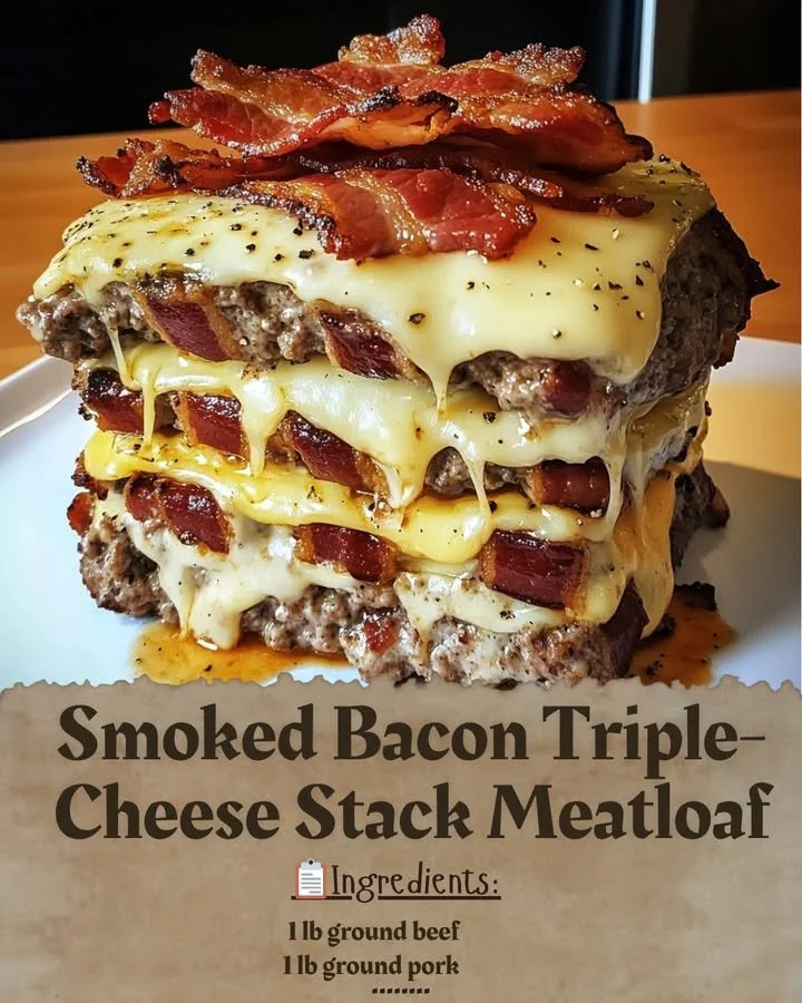 Smoked Bacon Triple-Cheese Stack Meatloaf served on a plate