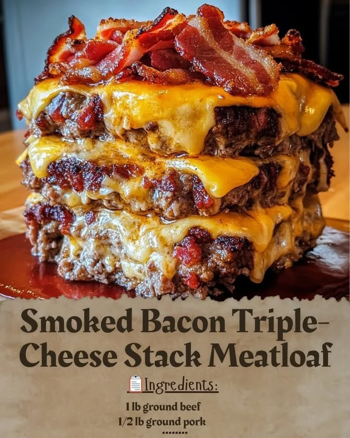 Smoked Bacon Triple-Cheese Stack Meatloaf with crispy bacon and cheese layers