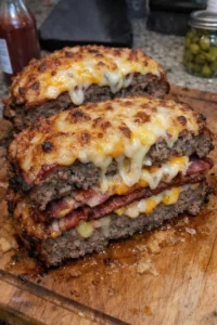 Smoked Bacon Triple-Cheese Stack Meatloaf garnished with fresh herbs