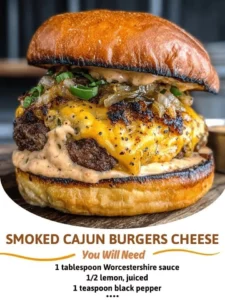 Delicious smoked Cajun burgers served on a rustic plate with toppings.