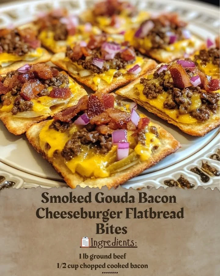 Smoked Gouda Bacon Cheeseburger Flatbread Bites served on a rustic platter