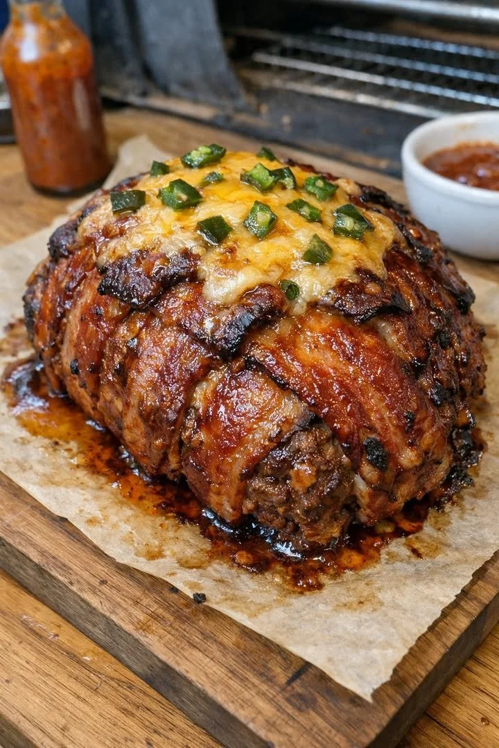 Smoked Jalapeño Bacon Cheeseburger Meatloaf Bomb ready to eat
