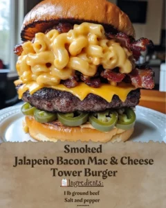 Smoked Jalapeño Bacon Mac & Cheese Tower Burger stacked high with delicious ingredients