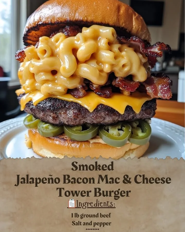 Smoked Jalapeño Bacon Mac & Cheese Tower Burger stacked high with delicious ingredients
