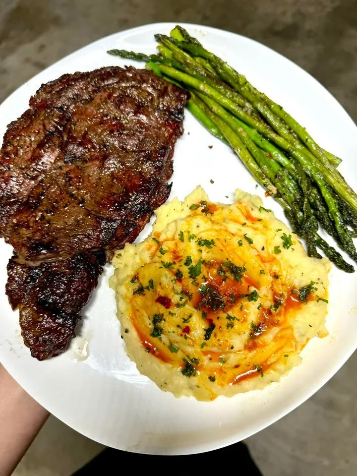 Smoked Ribeye with Harissa Buttered Yukon Gold Mashed Potatoes and Asparagus