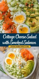 Smoked salmon and cottage cheese salad in a bowl with fresh greens and herbs