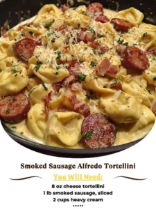 Delicious Smoked Sausage Alfredo Tortellini served in a creamy sauce