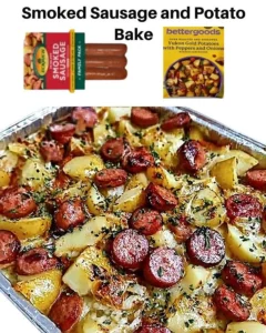 Smoked sausage and potato bake in a baking dish, ready to serve.
