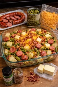Smoked sausage bake with potatoes and green beans in a baking dish