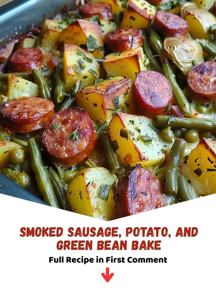 Smoked sausage bake with potatoes and green beans in a casserole dish