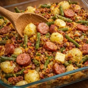 Smoked sausage, potato, and green bean bake in a roasting dish