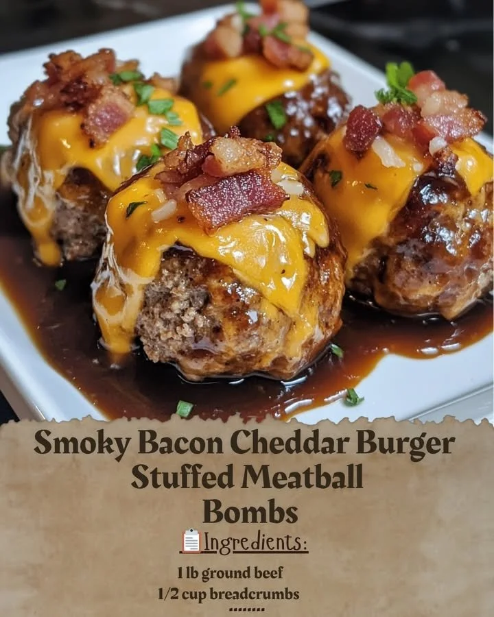Smoky Bacon Cheddar Burger Stuffed Meatball Bombs on a platter