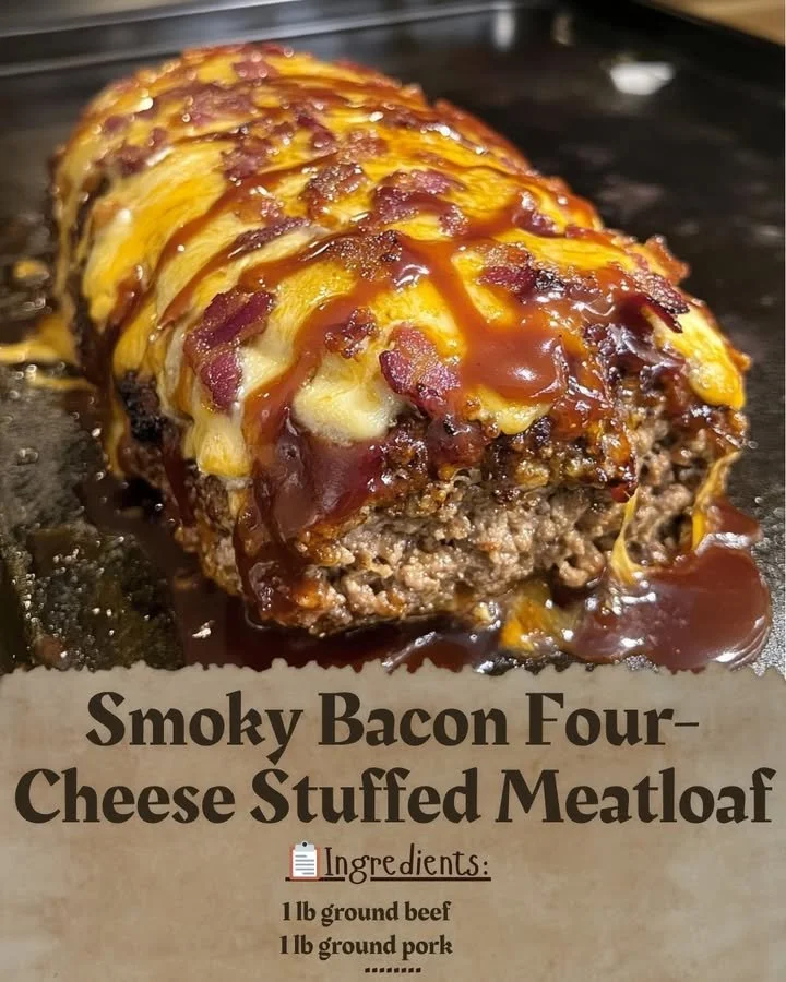 Smoky Bacon Four-Cheese Stuffed Meatloaf garnished and ready to serve