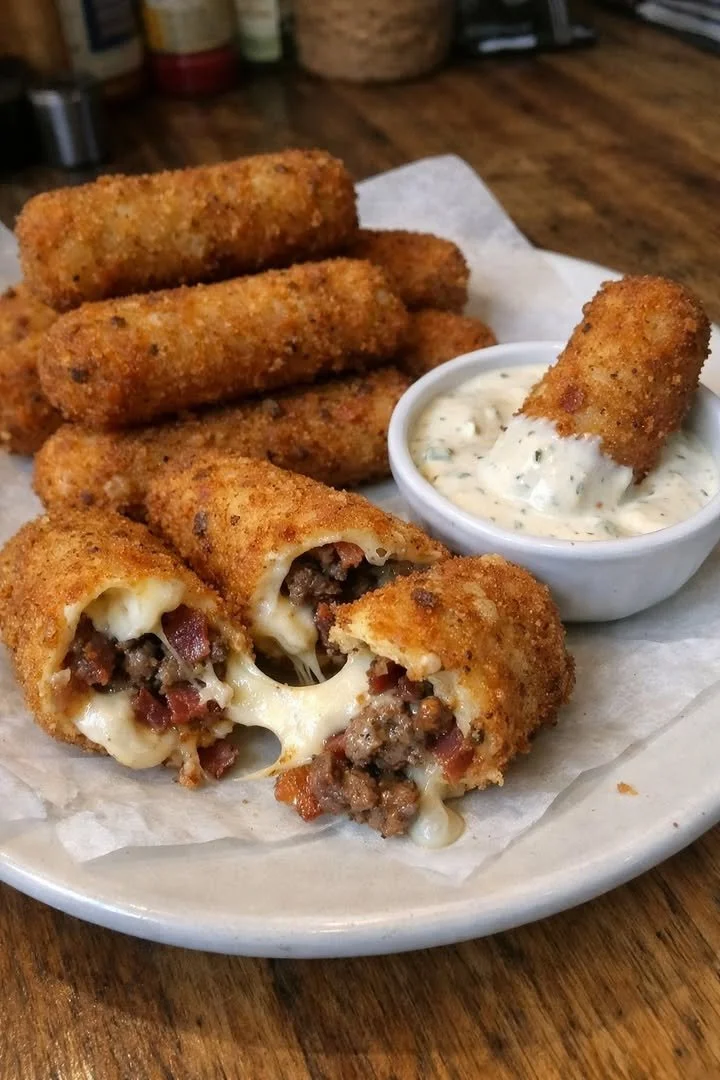 Smoky Bacon Ranch Burger stuffed mozzarella sticks with crispy coating