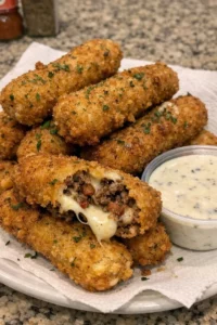Smoky Bacon Ranch Burger Stuffed Mozzarella Sticks with melted cheese