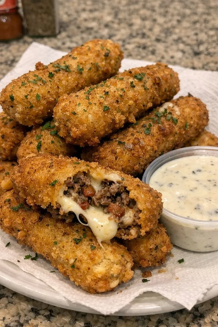 Smoky Bacon Ranch Burger Stuffed Mozzarella Sticks with melted cheese
