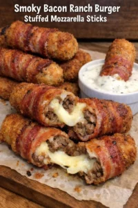 Smoky bacon ranch burger stuffed mozzarella sticks on a plate