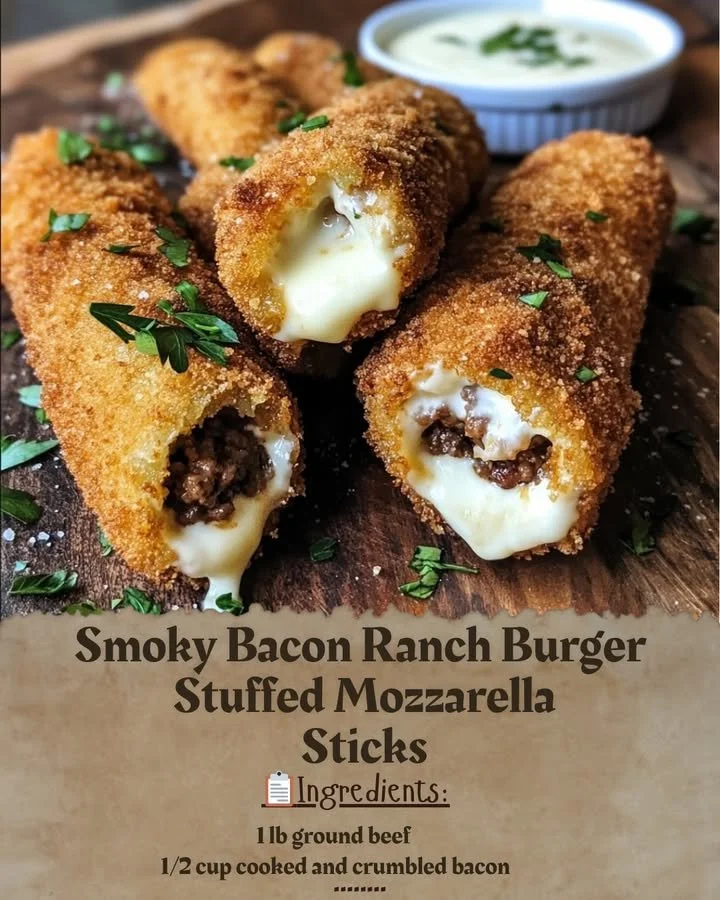 Smoky Bacon Ranch Burger Stuffed Mozzarella Sticks with crispy coating