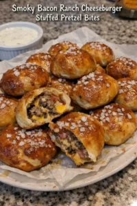 Smoky Bacon Ranch Cheeseburger Stuffed Pretzel Bites on a plate