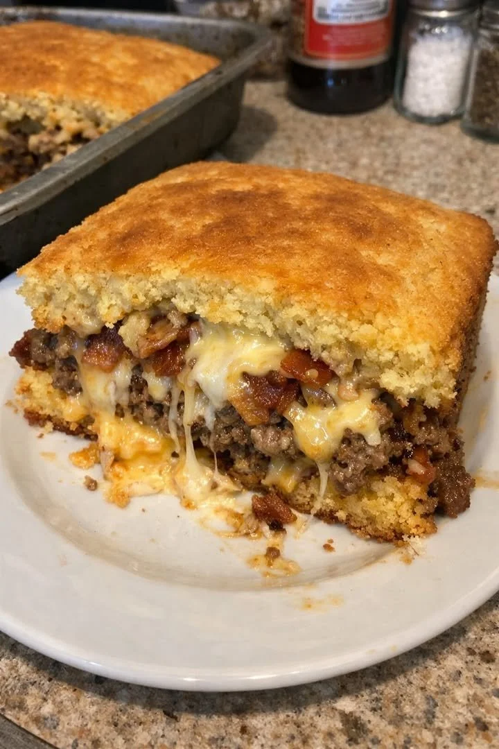 Smoky Bacon Triple-Cheese Cheeseburger Stuffed Cornbread