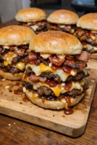Smoky Bacon Triple-Cheese Smash Burger Sliders with melted cheese
