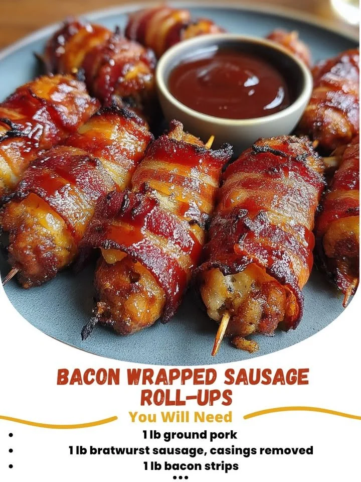 Smoky bacon-wrapped pork and sausage on a serving platter.