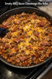 Smoky BBQ bacon cheeseburger rice skillet garnished with fresh herbs