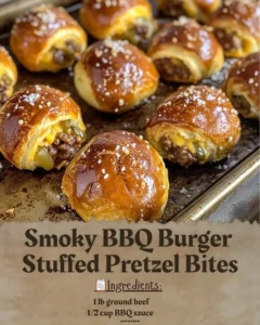 Smoky BBQ burger stuffed pretzel bites on a platter with dipping sauce