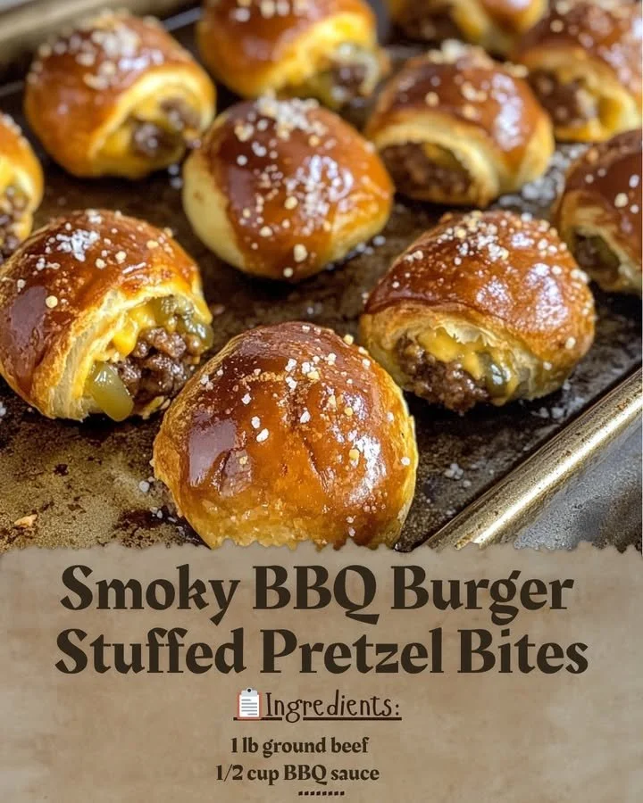 Smoky BBQ burger stuffed pretzel bites on a platter with dipping sauce