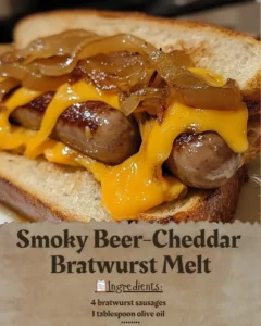 Smoky Beer-Cheddar Bratwurst Melt served with toppings