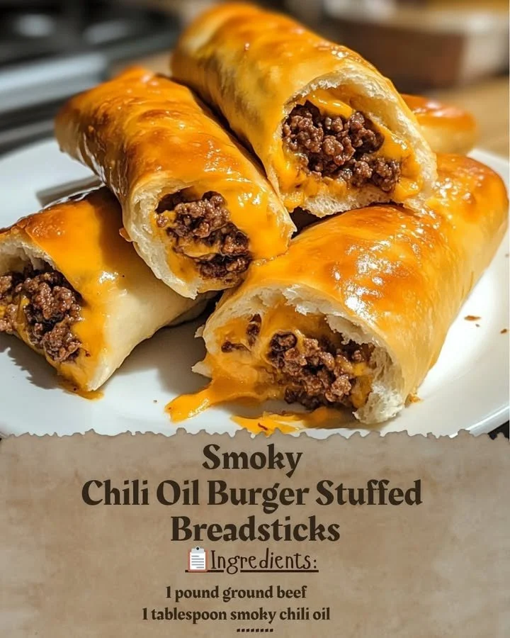 Smoky chili oil burger stuffed breadsticks served on a plate