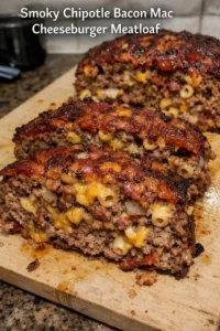 Smoky Chipotle Bacon Mac Cheeseburger Meatloaf served on a plate