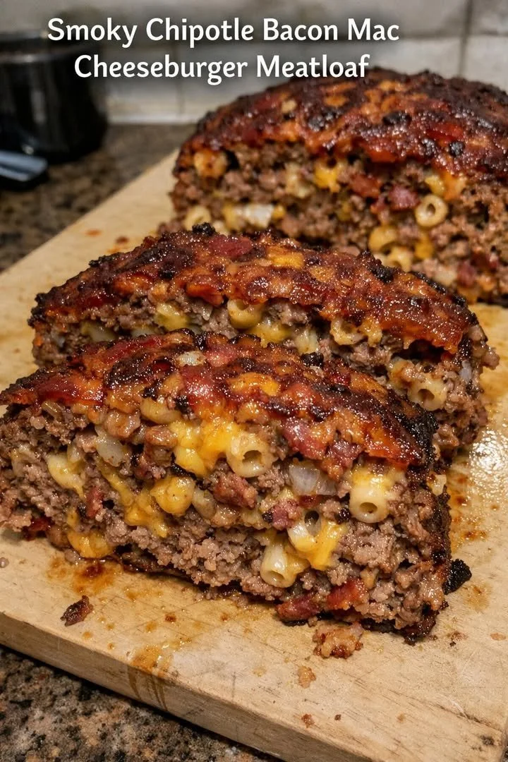 Smoky Chipotle Bacon Mac Cheeseburger Meatloaf served on a plate