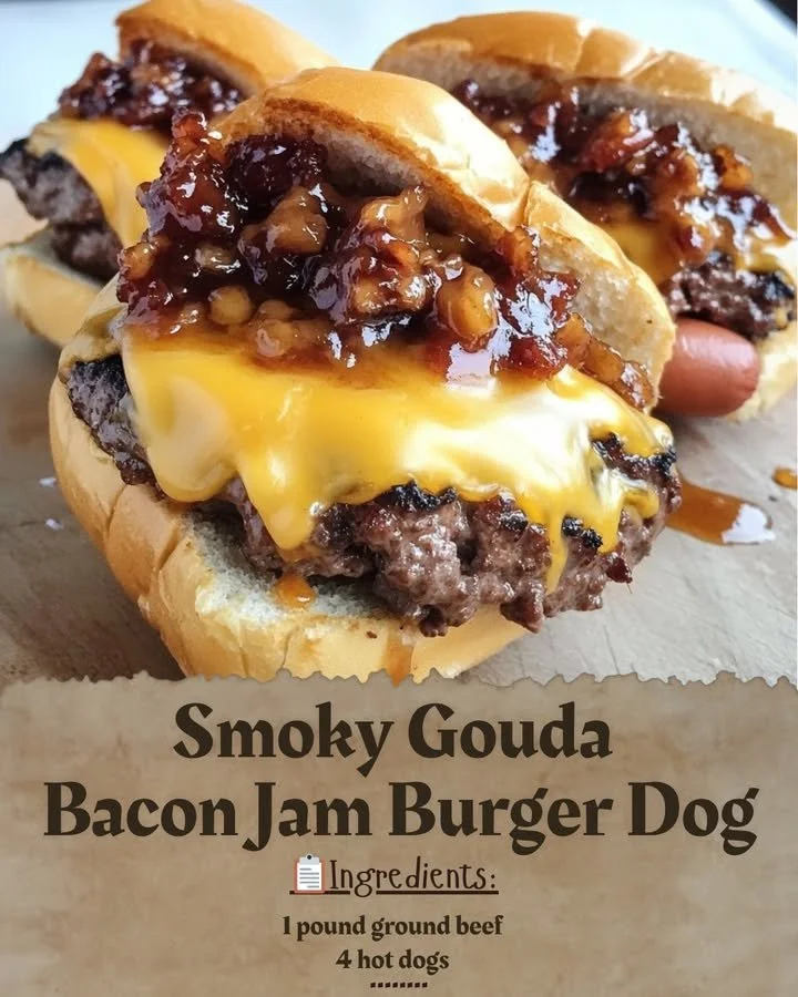 Smoky Gouda Bacon Jam Burger Dog - a flavorful twist on a classic burger.