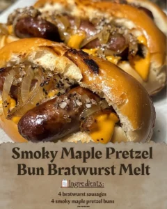 Smoky Maple Pretzel Bun Bratwurst Melt served on a rustic wooden board