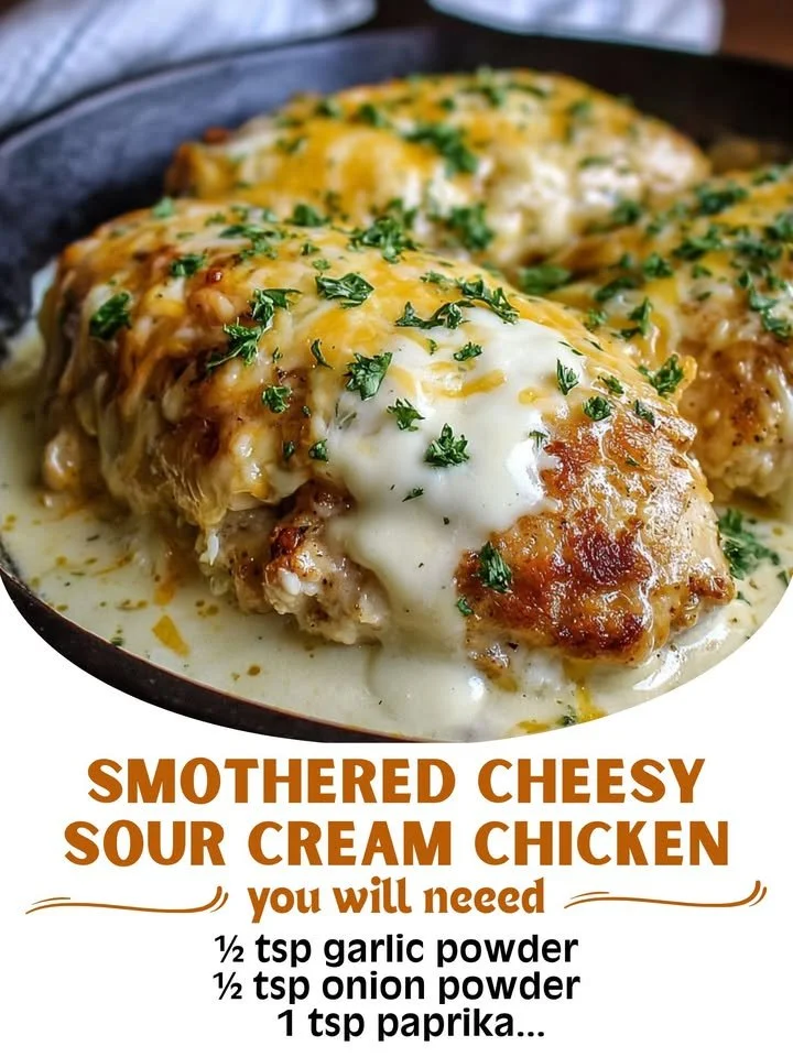Deliciously smothered cheesy sour cream chicken served with herbs and side dishes