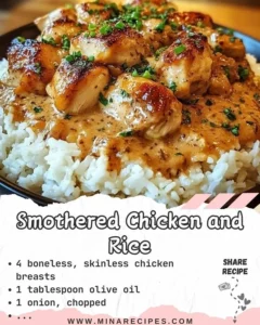 Delicious smothered chicken on rice served with tasty gravy.