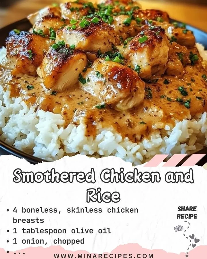 Delicious smothered chicken on rice served with tasty gravy.